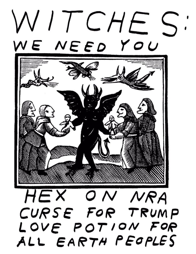 Fake poster reading Witches: we need you - hex on NRA, curse for Trump, love potion for all earth peoples